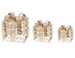 Set di 3 pacchi regalo natalizi luminosi oro Le Stelle con LED a luce calda, fiocchi glitterati