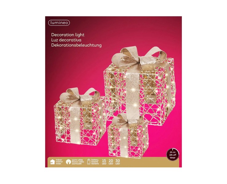 Set 3 Pacchi Regalo Natalizi Luminosi Oro con LED Luce Calda e Timer – Decorazione Natalizia le Stelle su Bomboniere Dolci Emozioni