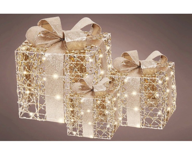 Set 3 Pacchi Regalo Natalizi Luminosi Oro con LED Luce Calda e Timer – Decorazione Natalizia le Stelle su Bomboniere Dolci Emozioni
