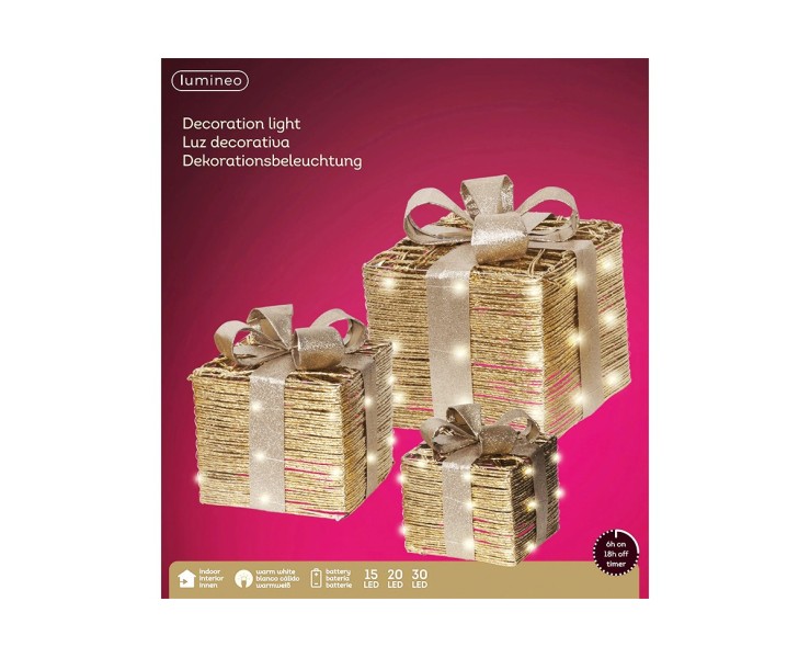 Set 3 Pacchi Regalo Natalizi Luminosi Oro in Filato Intrecciato con LED Luce Calda e Timer – Decorazione Natalizia le Stelle su Bomboniere Dolci Emozioni