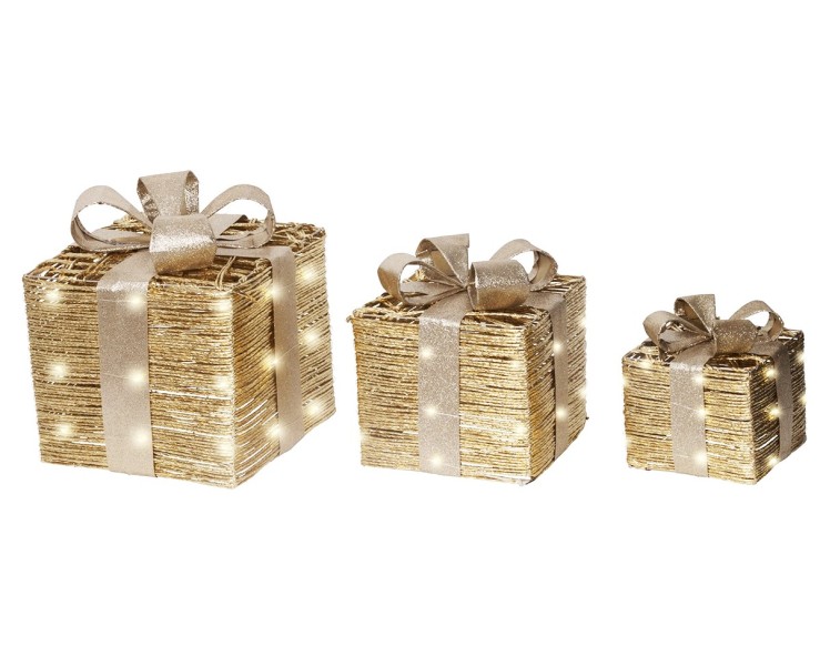 Set 3 Pacchi Regalo Natalizi Luminosi Oro in Filato Intrecciato con LED Luce Calda e Timer – Decorazione Natalizia le Stelle su Bomboniere Dolci Emozioni