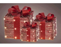 Set di 3 pacchi regalo natalizi luminosi rossi Le Stelle in filato intrecciato con LED a luce calda, fiocchi glitterati