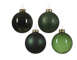 Confezione da 42 palline di Natale in vetro verde Kaemingk Decoris in tre diametri con finiture lucide, opache e glitterate.