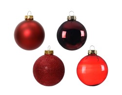 Confezione da 42 palline di Natale in vetro rosso scuro in tre diametri con finiture lucide, opache e glitterate.