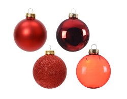 Confezione da 42 palline di Natale in vetro rosso in tre diametri con finiture lucide, opache e glitterate.