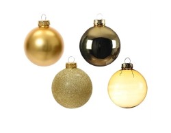 Confezione da 42 palline di Natale in vetro oro in tre diametri con finiture lucide, opache e glitterate.