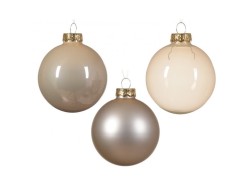 Confezione da 21 palline di Natale in vetro perlato e champagne in tre diametri con finiture lucide, opache e trasparenti.