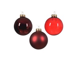 Confezione da 21 palline di Natale in vetro rosso scuro in tre diametri con finiture lucide, opache e trasparenti.