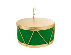 Tamburo natalizio decorativo verde bosco con dettagli e cordoncini oro da 30 cm per addobbo da appoggio e sospensione.
