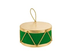 Tamburo natalizio decorativo verde bosco con dettagli e cordoncini oro da 20 cm per addobbo da appoggio e sospensione.