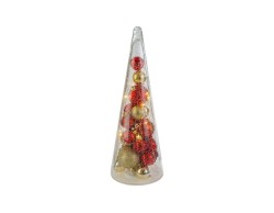 Albero di Natale conico in vetro crepolato da 41 cm con palline rosse e oro illuminate da LED effetto flash.