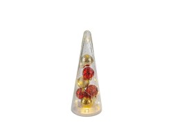 Albero di Natale conico in vetro crepolato da 27 cm con palline rosse e oro illuminate da LED effetto flash.