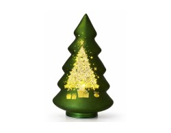 Albero di Natale sagomato in vetro verde satinato da 25,5 cm con decoro dorato illuminato da LED effetto flash.