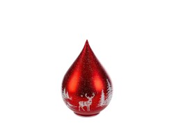 Sfera a goccia in vetro rossa natalizia da 15 cm con paesaggio invernale e luci LED integrate.