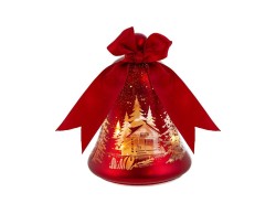 Campana natalizia in vetro rosso da 17 cm con fiocco, decoro dorato e luci LED effetto flash.