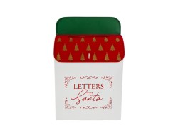 Cassetta postale natalizia bianca in metallo con coperchio in velluto rosso, dettagli verdi e scritta Letters to Santa.