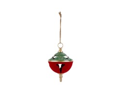 Appendino natalizio a campanaccio da 28 cm in metallo e velluto rosso con dettagli verde e oro.
