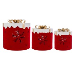 Set di 3 scatole regalo natalizie cilindriche in metallo e velluto rosso con fiocchi di neve traforati
