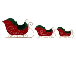 Set di 3 slitte natalizie decorative in metallo e velluto rosso con scritta Merry Christmas e pattini dorati.