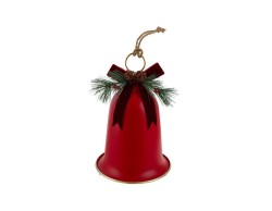 Appendino natalizio a forma di campana in metallo rosso e oro con fiocco in velluto rosso, pigne e rametti di pino.