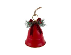 Appendino natalizio a forma di campana in metallo rosso e oro con fiocco in velluto rosso, pigne e rametti di pino.