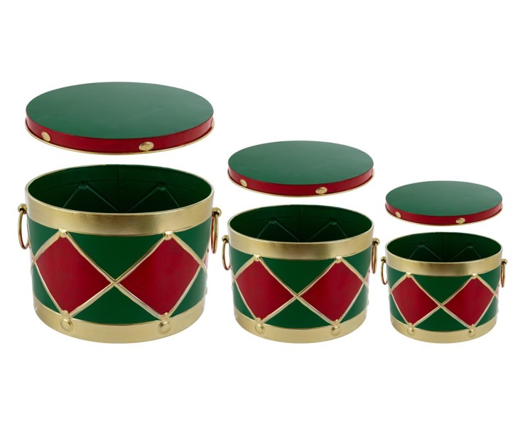 Set 3 Scatole Tamburo in Metallo Verde Rosso e Oro 17/23/28 cm – Decorazione Natalizia Le Stelle su Bomboniere Dolci Emozioni