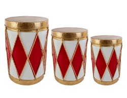 Set di 3 scatole natalizie contenitore in metallo a forma di tamburo rosso, bianco e oro con coperchio.