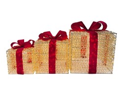 Set di 3 pacchi regalo natalizi luminosi 3D da esterno oro con fiocco rosso e timer.