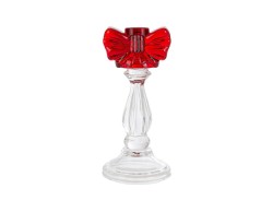 Portacandela natalizio in vetro trasparente alto 21,5 cm con dettaglio fiocco rosso decorativo.