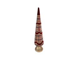 Albero di Natale decorativo in tessuto tartan scozzese e velluto rosso alto 95 cm con dettagli dorati.
