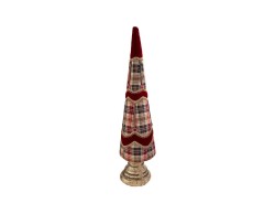 Albero di Natale decorativo in tessuto tartan scozzese e velluto rosso alto 71 cm con dettagli dorati.
