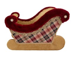 Slitta natalizia decorativa porta regali in tessuto tartan scozzese con bordi in pelliccia bordeaux 43x29x31 cm.