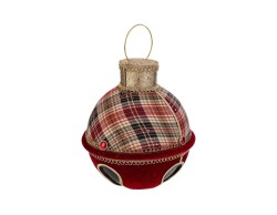 Campana natalizia decorativa maxi da appendere in tessuto tartan scozzese e velluto rosso 23x21x28 cm.