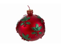 Candela sferica natalizia rossa in cera a forma di pallina d'albero con decoro agrifoglio diametro 9 cm.