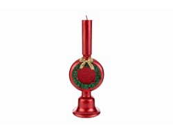 Candela natalizia in cera color rosso sagomata con decoro ghirlanda e fiocco oro altezza 23,5 cm.
