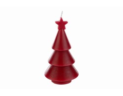 Candela natalizia in cera color rosso a forma di alberello stilizzato con stella sulla punta altezza 14,5 cm.