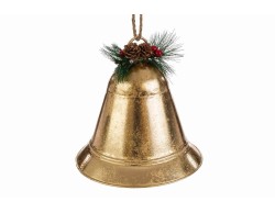Appendino natalizio a forma di campana in metallo colore oro antichizzato con decorazione di pigne