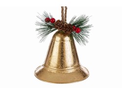 Appendino natalizio a forma di campana in metallo color oro con decorazione di pigne e cordino di juta