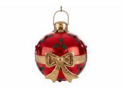 Appendino natalizio a forma di sfera grande in metallo rosso con fiocco oro in rilievo e agrifoglio