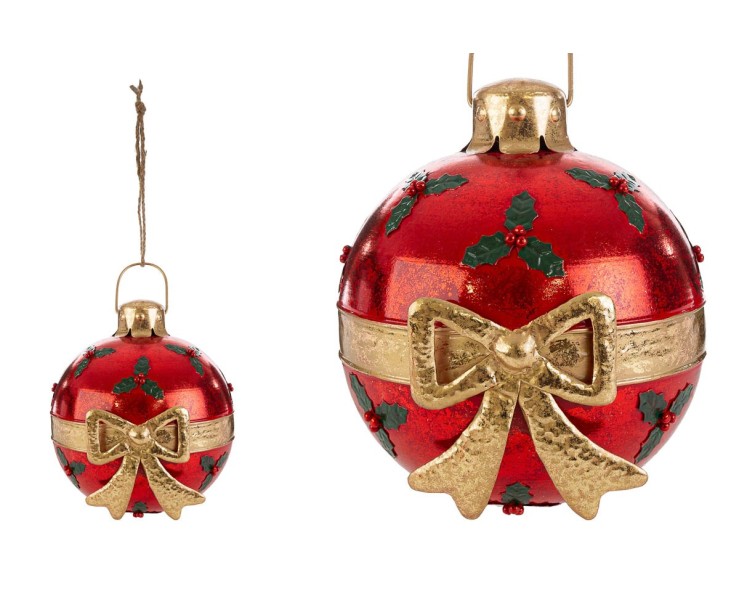 Appendino Sfera Natalizia Rossa in Metallo 23 x 23 x 25 cm con Fiocco e Agrifoglio – Decorazione Natalizia Le Stelle su Bomboniere Dolci Emozioni