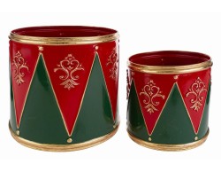 Set di due vasi cilindrici natalizi in metallo rosso e verde a forma di tamburo con decorazioni oro misura 20x20 cm e 25x25 cm.