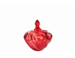 Scatola portaoggetti in vetro rosso trasparente con coperchio e lavorazione a spirale diametro 12,5 cm altezza 13 cm.