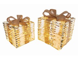 Set di due pacchi regalo natalizi luminosi dorati in metallo lucido con fiocco oro e luci LED