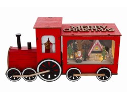 Trenino natalizio decorativo in legno rosso con scritta Merry Christmas e paesaggio in miniatura illuminato da luci LED