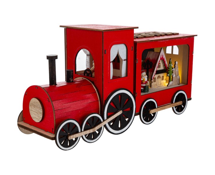 Trenino Natalizio in Legno Rosso con Scena Illuminata a LED – Decorazione Natalizia Le Stelle su Bomboniere Dolci Emozioni