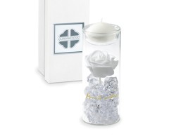 Bomboniera Solidale Tubo Vetro con Rosa Bianca e Cristalli Platino Grande Quadrifoglio per Fondazione ABIO