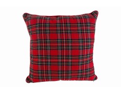 Cuscino natalizio quadrato in stoffa con motivo tartan scozzese rosso e verde e profilatura rossa