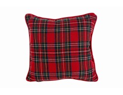 Cuscino natalizio quadrato 40x40 cm in stoffa tartan scozzese rosso e verde con bordino rosso di rifinitura.