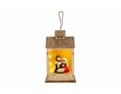 Appendino natalizio a forma di lanterna in legno con Sacra Famiglia in resina e luce LED