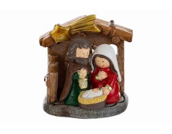 Miniatura natività Sacra Famiglia in resina in capanna con stella cometa dorata dimensioni 6,5x6,5 cm.